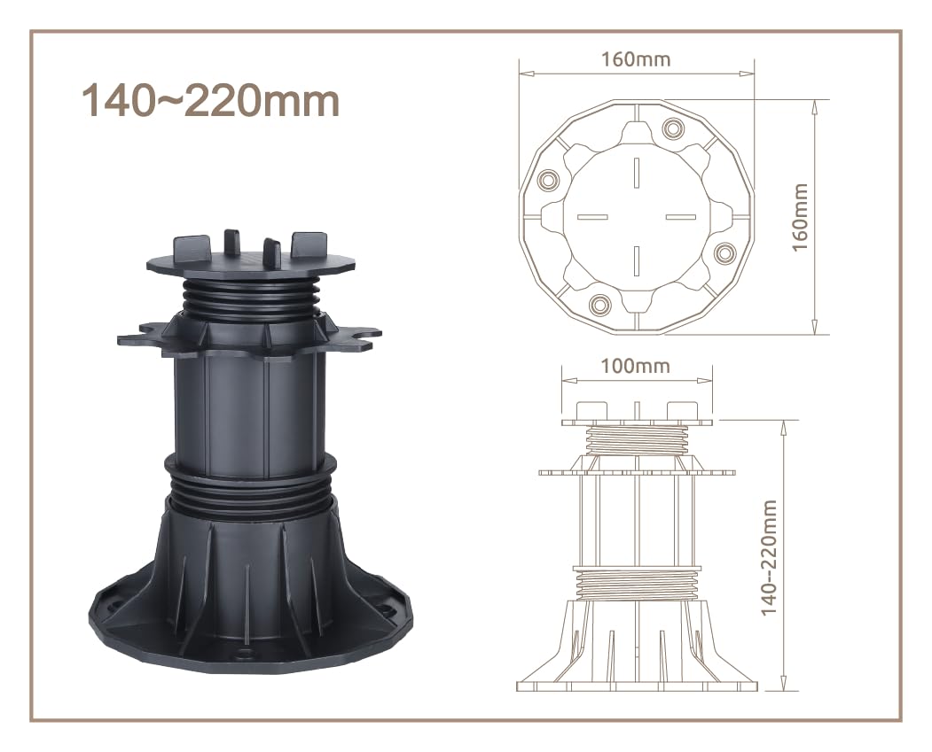 Adjustable slab supports for patio slabs - Height-adjustable feet for ceramic, stone, concrete and tiles - 24 pieces, 140-220 mm