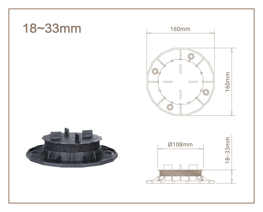 Adjustable slab supports, pedestal supports for patio slabs - height-adjustable feet for ceramic, stone, concrete and tiles - 120 pieces, 18-33 mm