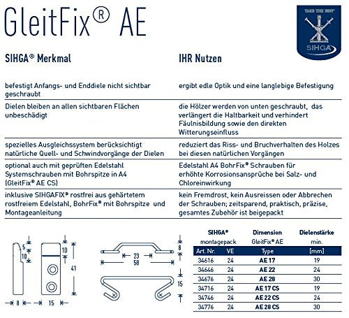 Sihga | GleitFix AE Sihgamid | Montage Anfangs- und Enddiele | 24 Stück | Holzterrassen-Montage