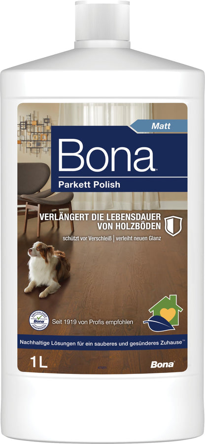 Bona Parquet Care Oil Polish Matt, parquet cleaner and parquet care matt, for varnished wooden floors 1 L, parquet care sealed parquet, parquet polish, parquet care product