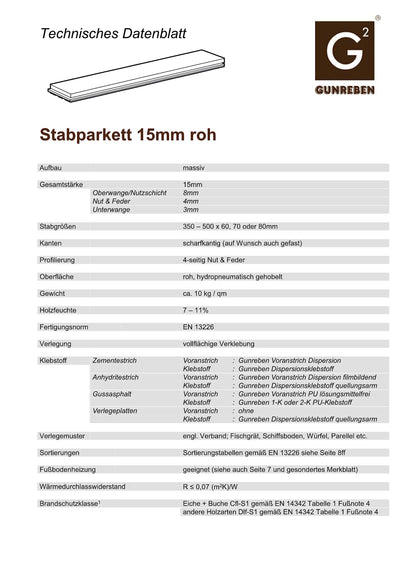 Stabparkett Eiche Select/Natur 15 x 70 x 350mm roh - Hochwertiges Parkett aus Eichenholz