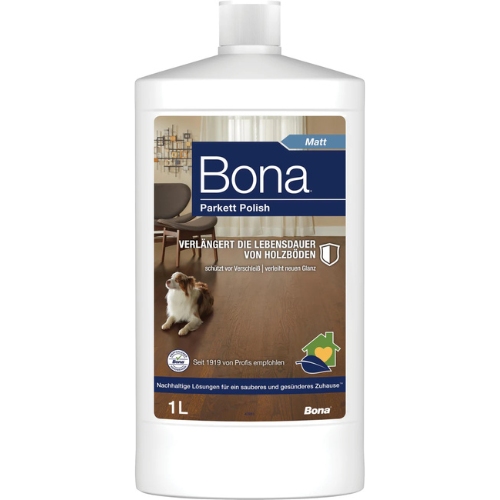 Bona Parquet Care Oil Polish Matt, parquet cleaner and parquet care matt, for varnished wooden floors 1 L, parquet care sealed parquet, parquet polish, parquet care product