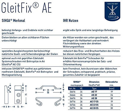 Sihga | GleitFix AE Sihgamid | Montage Anfangs- und Enddiele | 24 Stück | Holzterrassen-Montage